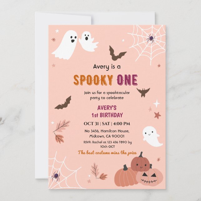 Invitación Fantasma melocotón de Halloween de cumpleaños espe (Anverso)