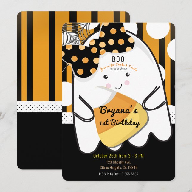 Invitación Fantasma Niña Linda Halloween Fiesta Cumpleaños Ni (Anverso / Reverso)