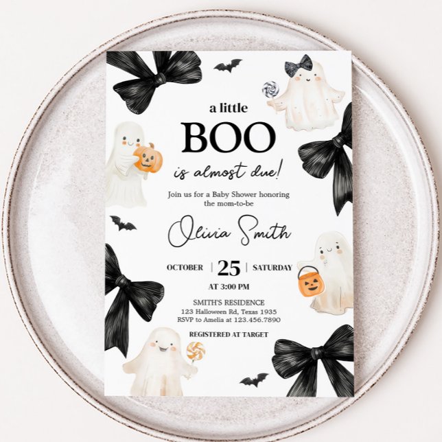 Invitación Fantasma Pequeño Boo Halloween Baby Shower (Black Bow Little Boo Halloween Baby Shower Invitation)