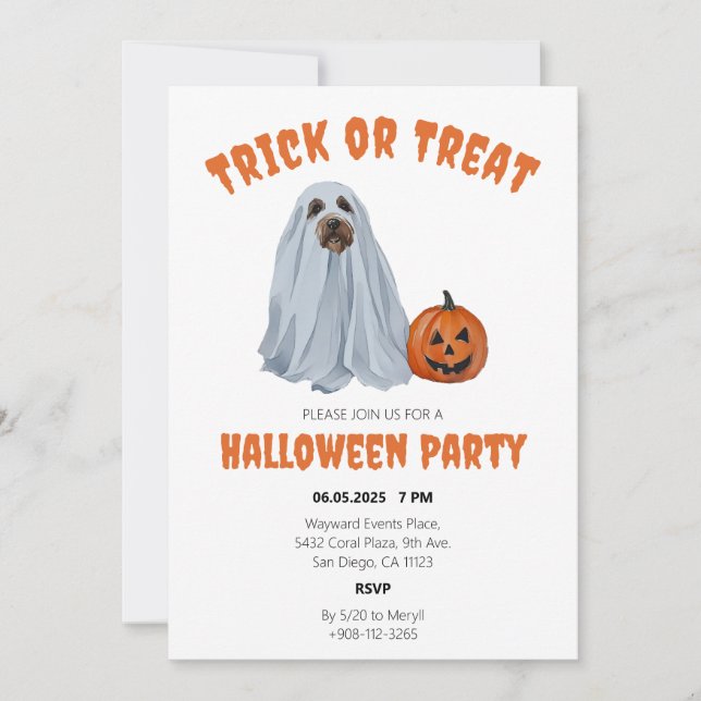 Invitación Fantasma Perro Halloween Truco o Fiesta de tratami (Anverso)