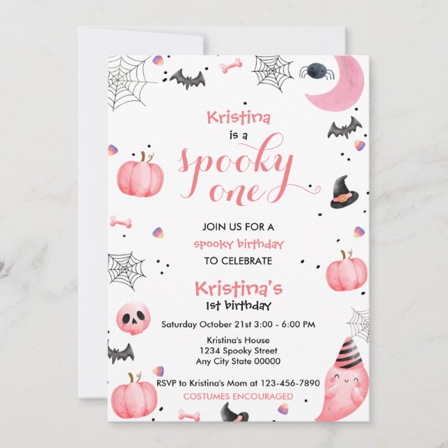 Invitación Fantasma rosa de un cumpleaños espeluznante (Anverso)