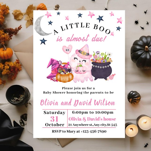 Invitación Fantasma rosa, Gorra de brujas, Candy: Baby Shower (Subido por el creador)