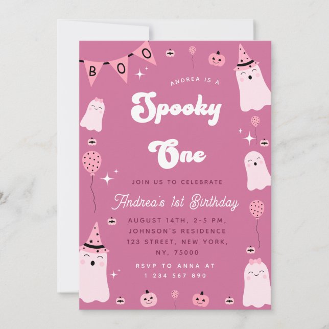Invitación Fantasma Rosa Groovy Tocante Un Chica Primer Cumpl (Anverso)