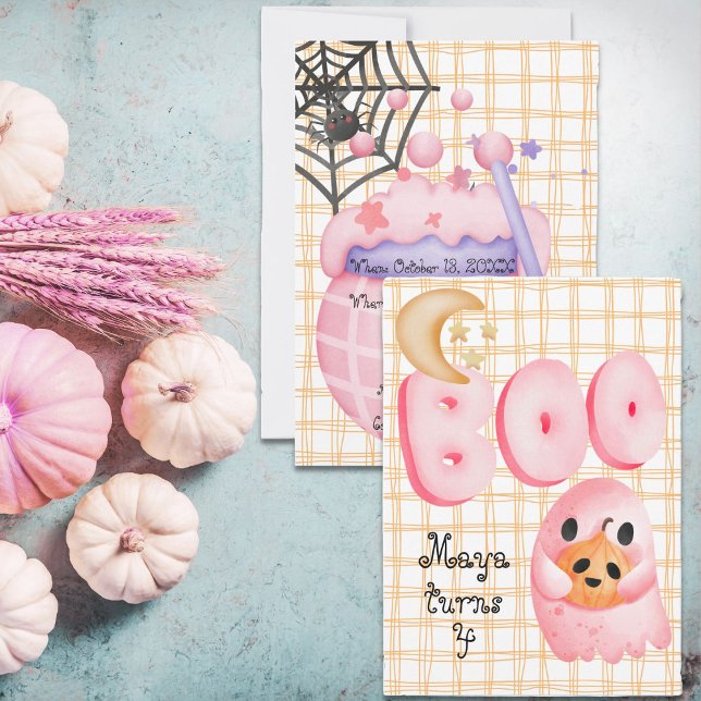 Invitación Fantasma rosa lindo boo halloween edad 4 cumpleaño (Boo its a cute halloween birthday invite)