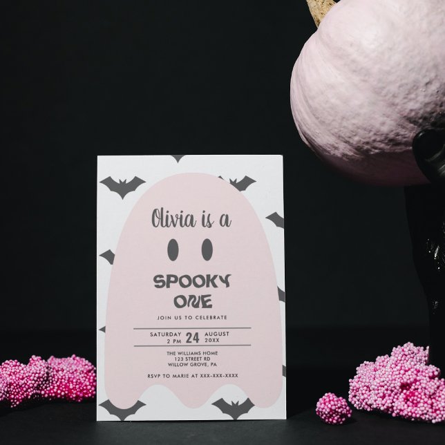 Invitación Fantasma rosa moderno Halloween 1er cumpleaños (Subido por el creador)