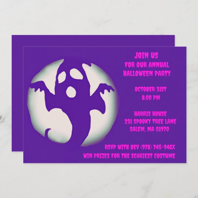 Invitación Fantasma Rosa Morado Fantasma Halloween Fantasma F (Anverso / Reverso)