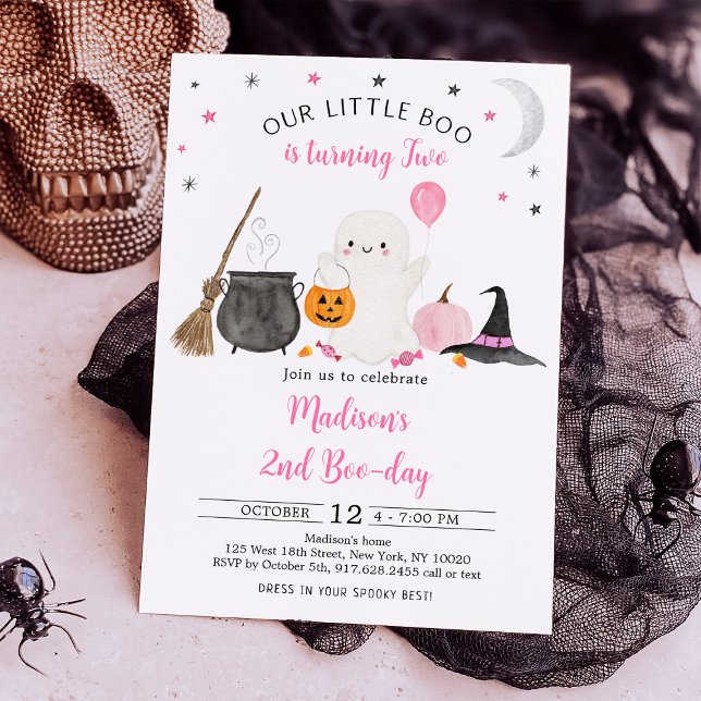 Invitación Fantasma rosa pequeño boo Halloween 2º cumpleaños (Subido por el creador)