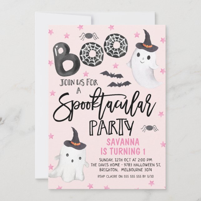 Invitación Fantasma rosa Spooktacular Fiesta Halloween (Anverso)