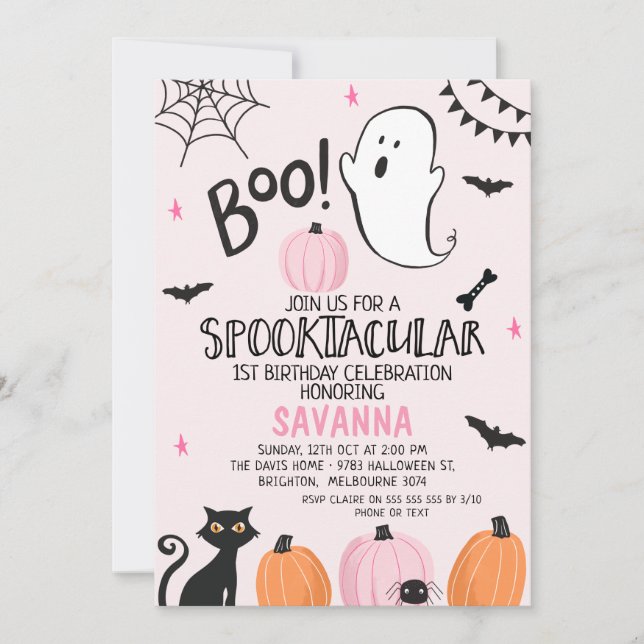 Invitación Fantasma rosa Spooktacular Halloween Primer cumple (Anverso)