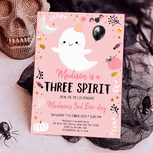 Invitación Fantasma Rosa Tres Espíritus Halloween Cumpleaños
