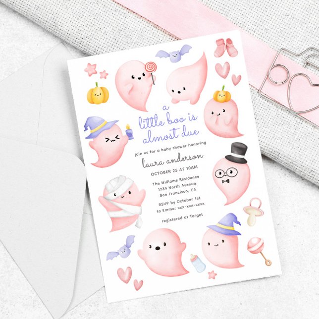 Invitación Fantasma Rosa Un Pequeño Bote Casi Debido A Baby S (cute pink ghosts - a little boo is almost due baby shower invitation)