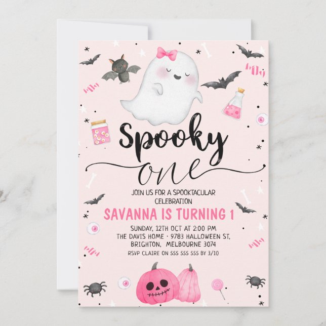 Invitación Fantasma Rosa: Un primer cumpleaños de Halloween (Anverso)