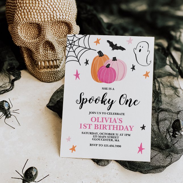 Invitación Fantasma Un Halloween Rosa Primer cumpleaños (Subido por el creador)