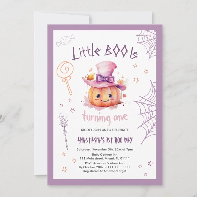 Invitación Fantasma Una linda niña de Halloween Primer cumple (Anverso)