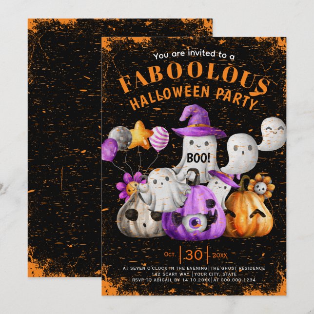 Invitación Fantasma y calabazas BOO Halloween fiesta negro (Anverso / Reverso)