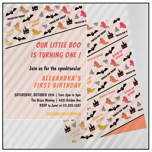 Invitación Fantasmagórico Cumpleaños de Halloween número 1 de (Halloween-1st-birthday-Invitation-Spooktacular-Ghost-Pink-1)