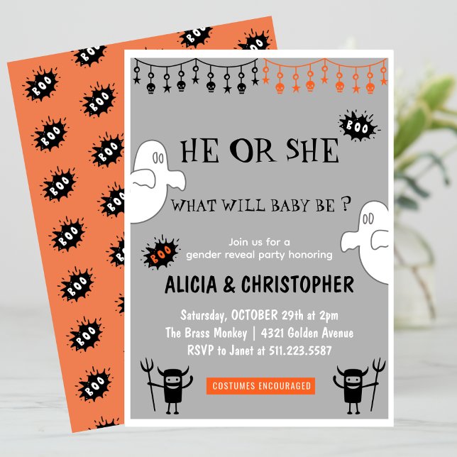 Invitación Fantasmal Gris Octubre Revelación de género de Hal (Ghost-Grey-October-Halloween-gender-reveal-Invitation-1)