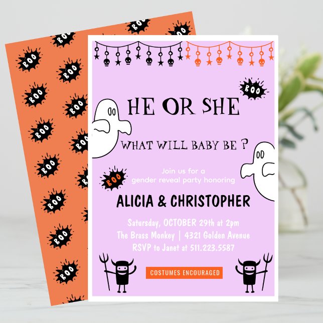 Invitación Fantasmal Naranja Rosa Octubre Halloween revelació (Ghost-Pink-Orange-October-Halloween-gender-reveal-Invitation-1)