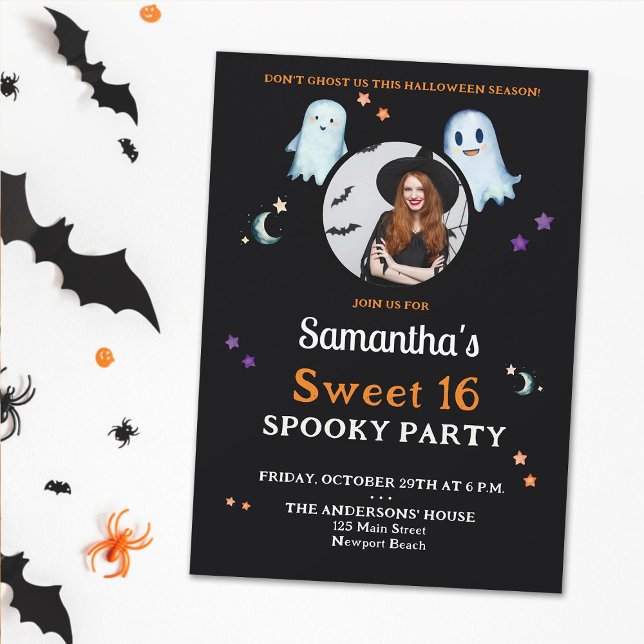 Invitación Fantasmas de Halloween Dulce dulce Fiesta 16 fanta (sweet 16 halloween spooky party photo invitation for girls black orange purple cute fun moon stars)