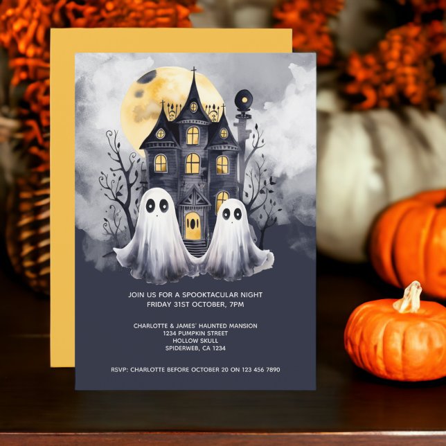 Invitación Fantasmas de Halloween y casa embrujada (Halloween Ghosts and Haunted House Party Invitations from Ricaso. Cute ghost couple invite.)