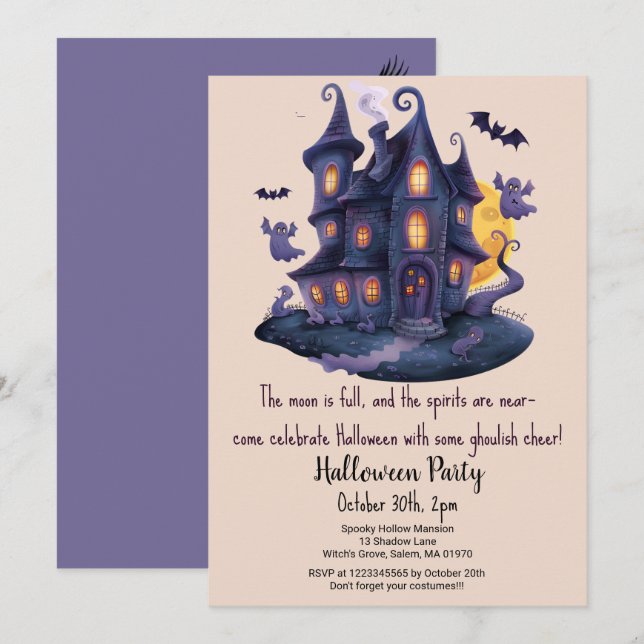Invitación Fantasmas en la casa animan la fiesta de Halloween (Anverso / Reverso)