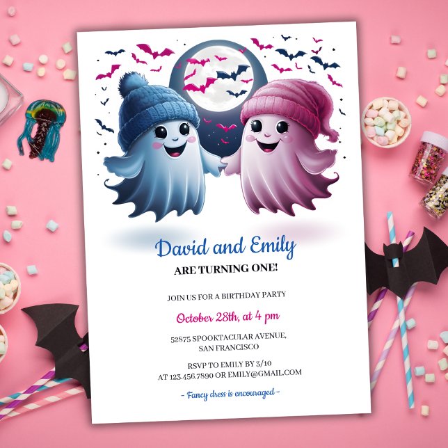 Invitación Fantasmas fantasmagóricos Halloween Primeros cumpl (Cute Spooky Ghosts Halloween Joint Twins First Birthday Invitation)