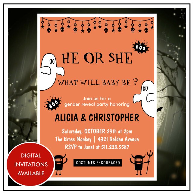 Invitación Fantasmas Naranja Octubre Halloween revelación de  (Ghosts-Orange-October-Halloween-gender-reveal-Invitation-1)