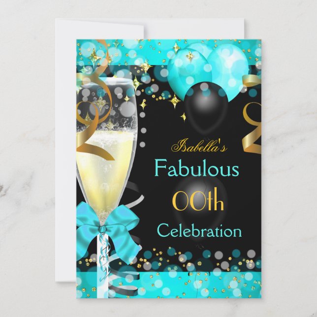 Invitación Fantástica Fiesta de Cumpleaños Champán Azul Teal  (Anverso)