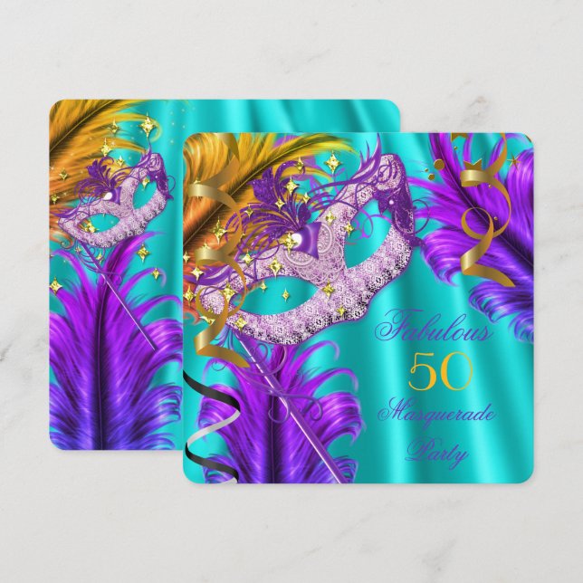 Invitación Fantástica Fiesta de Cumpleaños con Máscaras de Co (Anverso / Reverso)