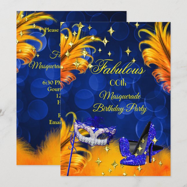Invitación Fantástica Fiesta de Cumpleaños de Máscara Azul Am (Anverso / Reverso)