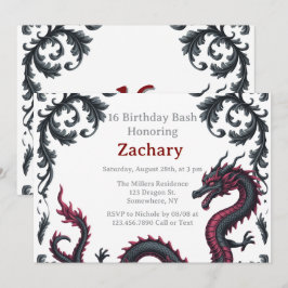 Invitación Fantástico Cumpleaños 16 Dragón Negro Rojo Damasca
