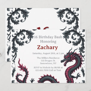 Invitación Fantástico Cumpleaños 16 Dragón Negro Rojo Damasca