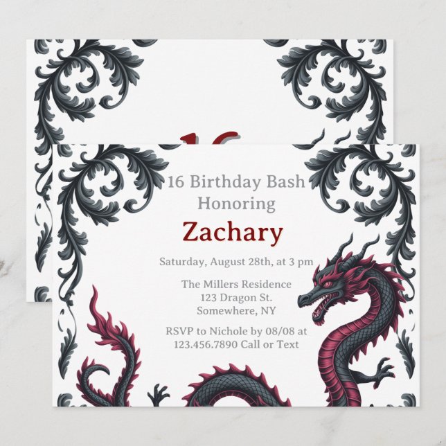 Invitación Fantástico Cumpleaños 16 Dragón Negro Rojo Damasca (Anverso / Reverso)