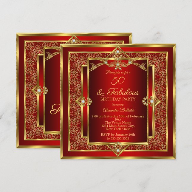 Invitación Fantástico Cumpleaños 50 Rojo Oro Floral Fiesta (Anverso / Reverso)