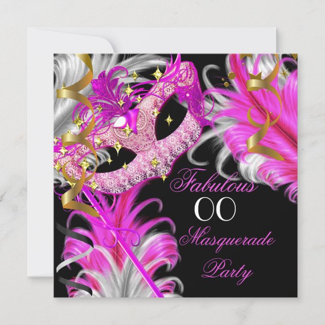Invitación Fantástico Cumpleaños Fiesta de Máscaras Rosa Cali (Anverso)
