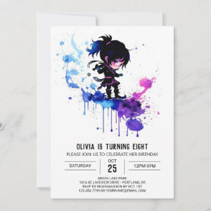Invitación Fantasy Adorable Ninja Digital Chica Cumpleaños