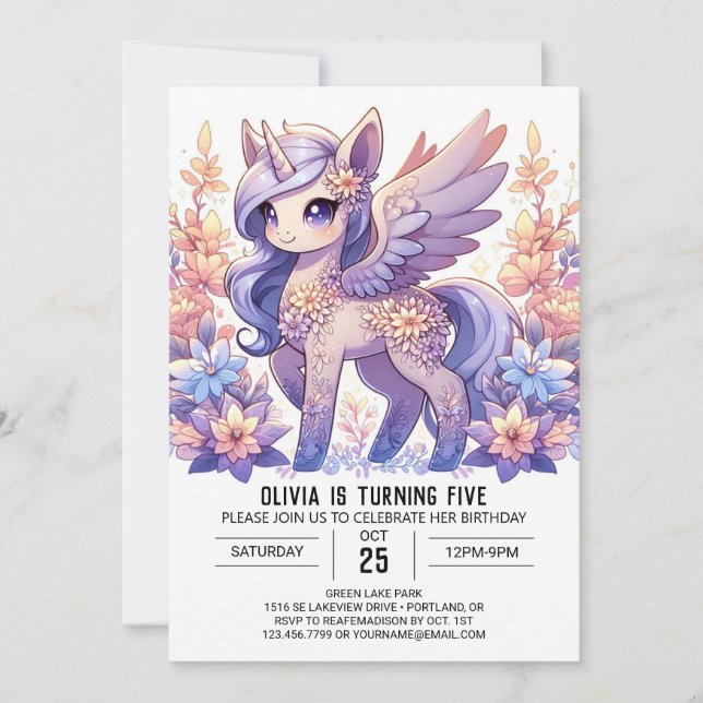 Invitación Fantasy Adorable Unicorn Digital Birday (Anverso)