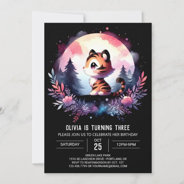Invitación Fantasy cumpleaños del tigre Minimalista (Anverso)