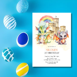 Invitación Fantasy Cute Dragon Castle Rainbow Kids Cumpleaños