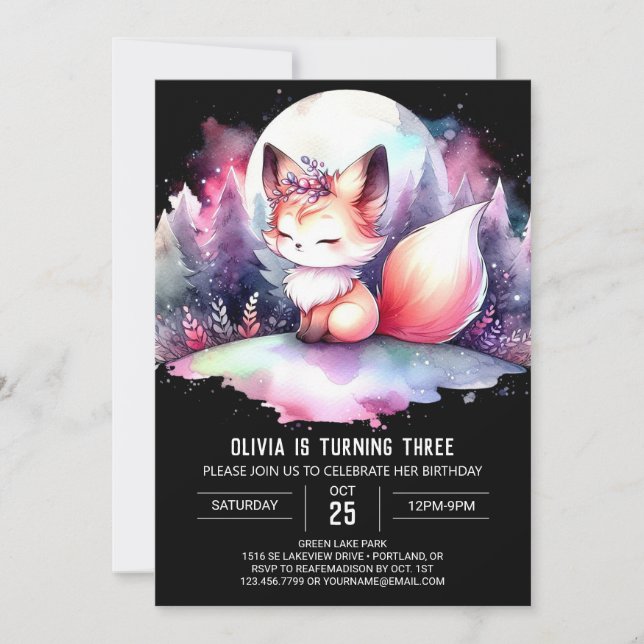 Invitación Fantasy Elegant Fox Birthday digital (Anverso)