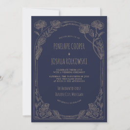 Invitación Fantasy Floral Navy Blue Gold Enchanted Wedding