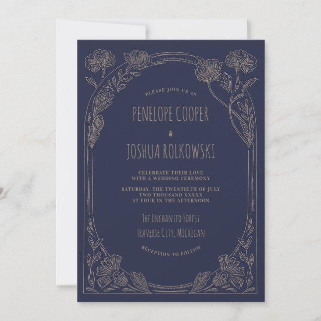 Invitación Fantasy Floral Navy Blue Gold Enchanted Wedding (Anverso)