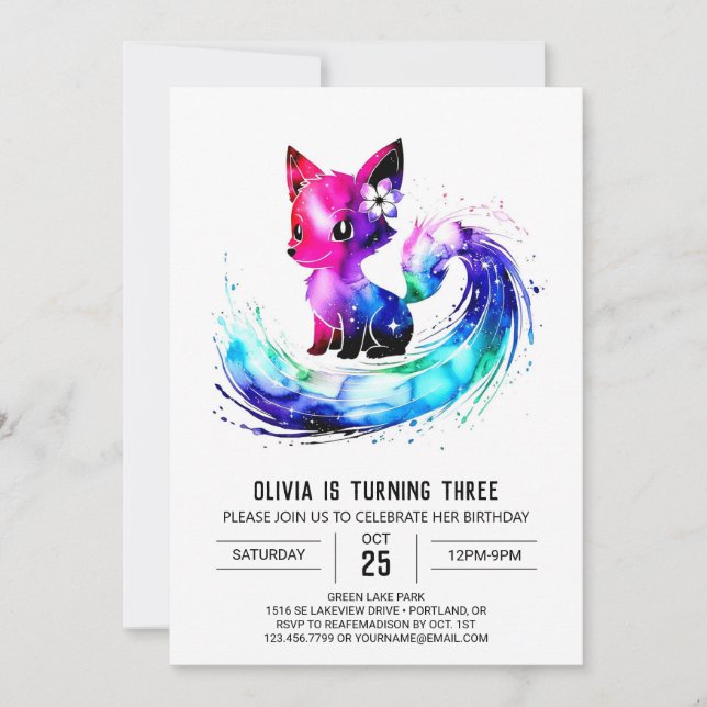 Invitación Fantasy Girly Fox Digital Girl Cumpleaños (Anverso)