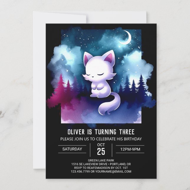 Invitación Fantasy Pastel Cat Cumpleaños (Anverso)