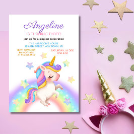 Invitación Fantasy Rainbow Stars Unicorn Girl Birthday