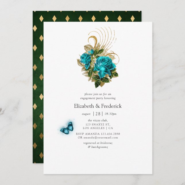 Invitación Fantasy Turquoise and Gold Engagement Party (Anverso / Reverso)