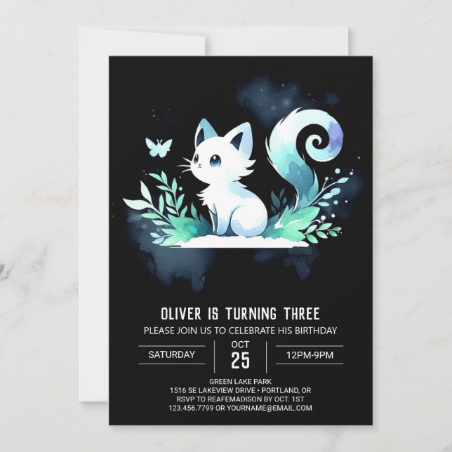 Invitación Fantasy Watercolor Cat Cumpleaños (Anverso)