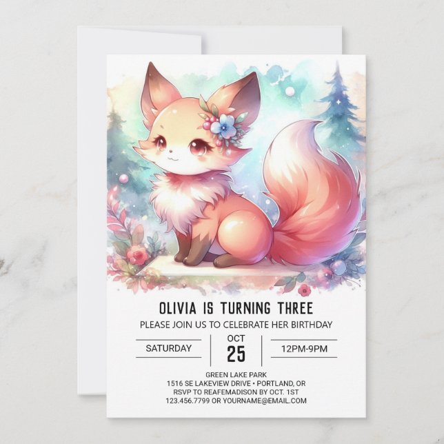 Invitación Fantasy Watercolor Fox Birday digital (Anverso)