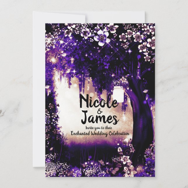 Invitación Fantasy Woodland encantado Boda forestal púrpura (Anverso)