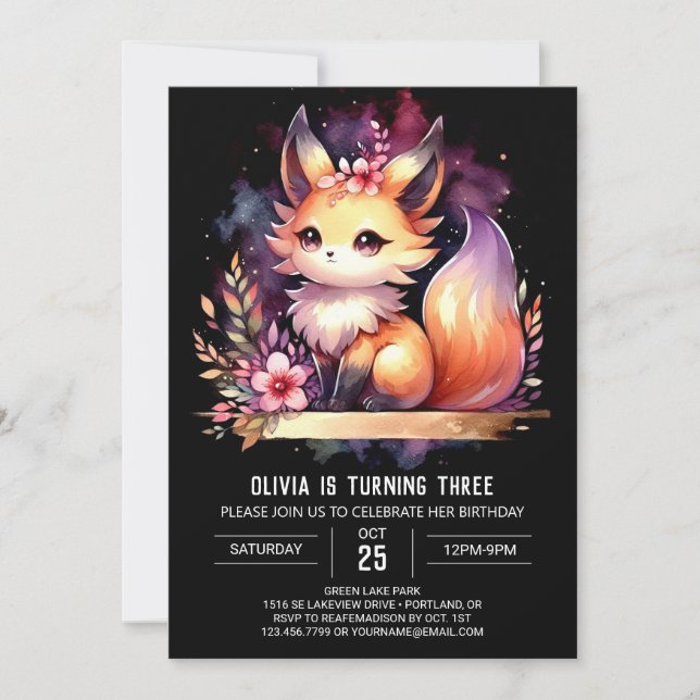 Invitación Fantasy Woodland Fox Birthday digital (Anverso)
